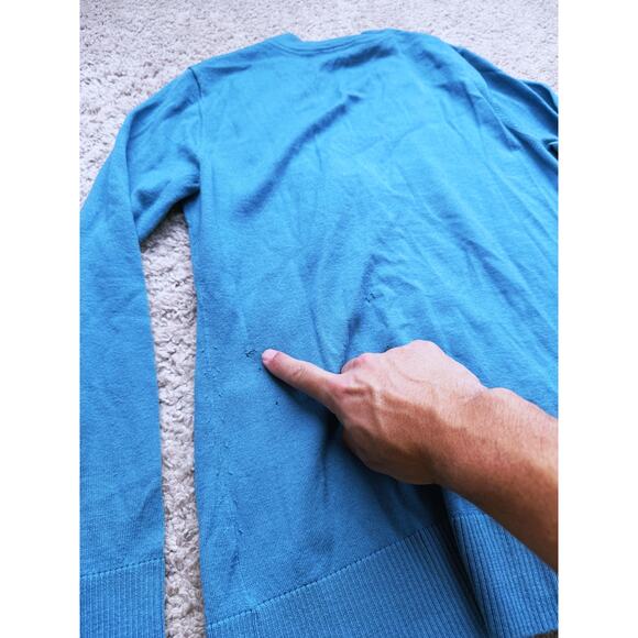 TORY BURCH Simone Merino Wool Cardigan Sweater Turquoise Gold Logo Buttons Large - Picture 9 of 10